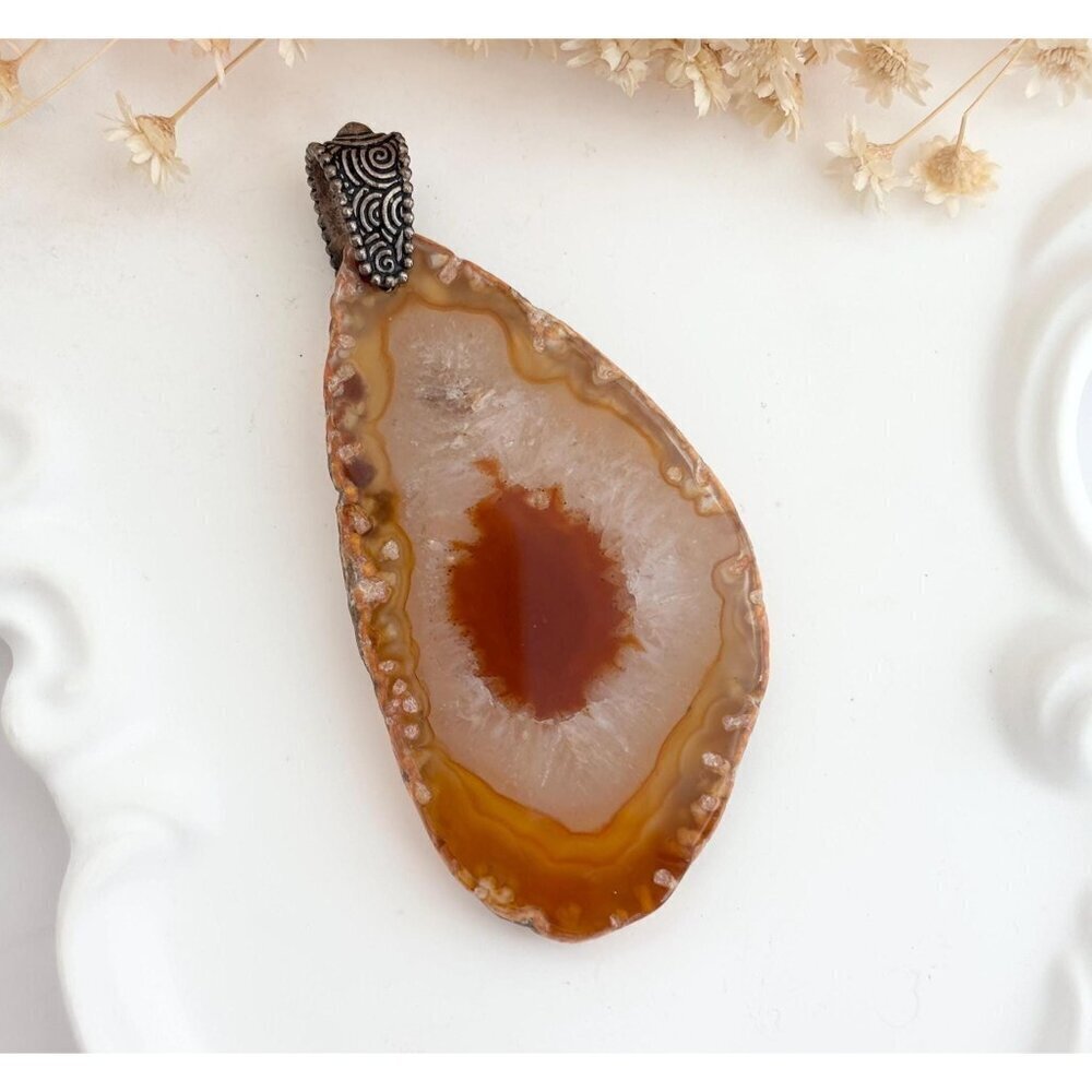 Golden Amber Banded Sliced Agate Geode Crystal Freeform Silver T Vintage Pendant